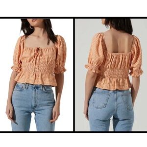 Astr Peach Gingham Smocked Peplum Top